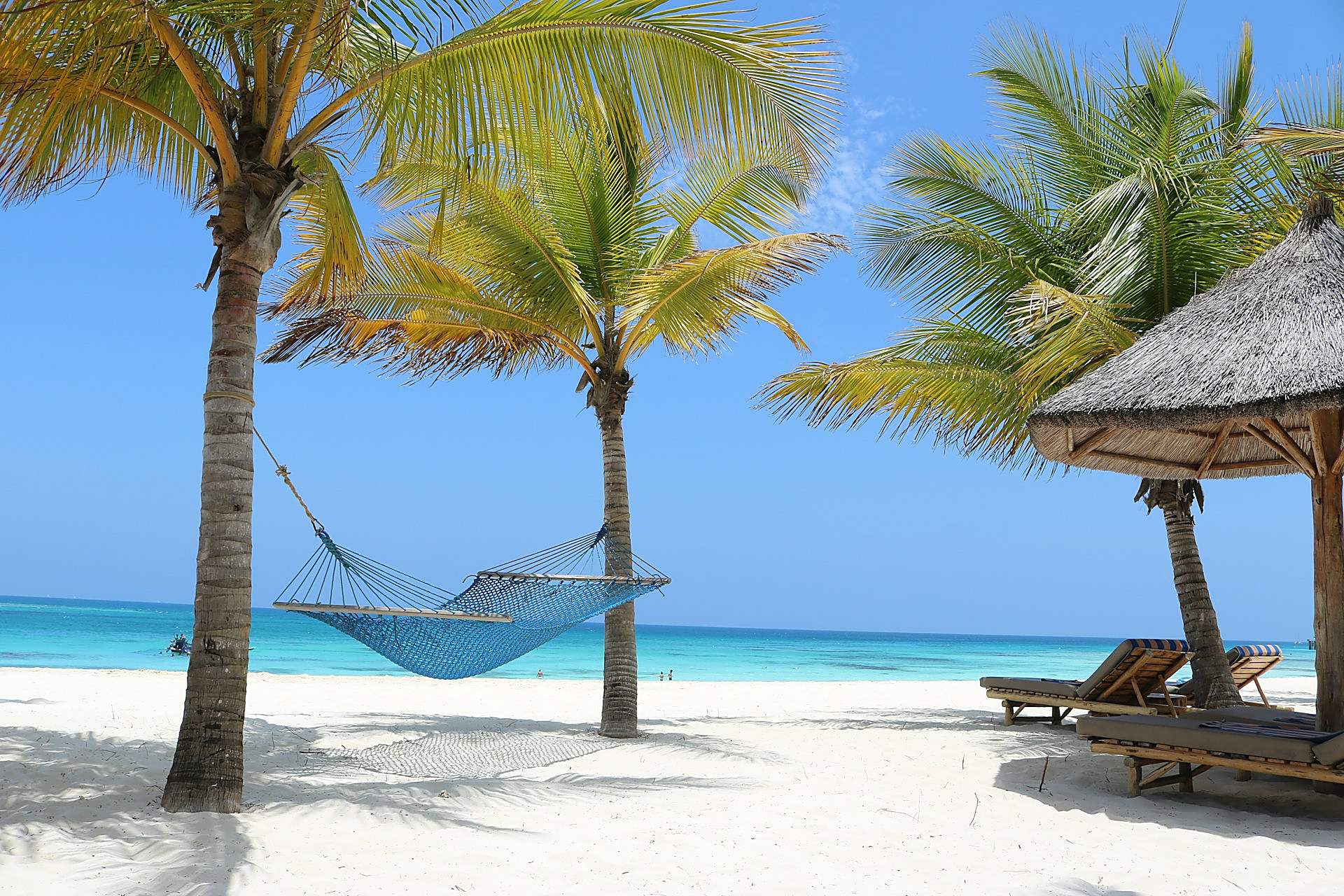 Beach bungalow lodge under palms on the turquoise shore at Paje, Zanzibar