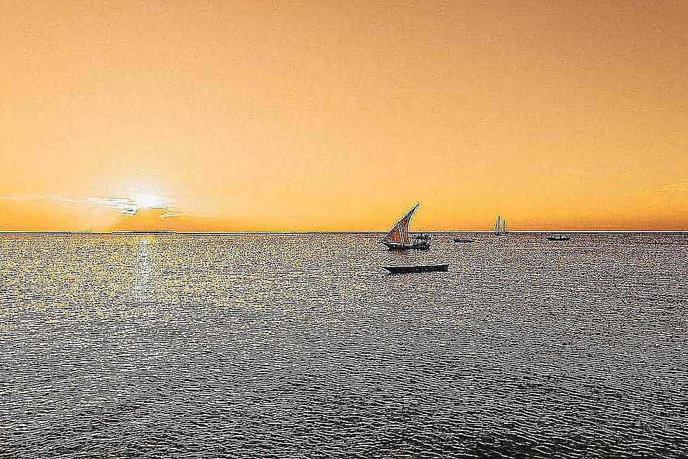 Traditional dhow sailing at sunset off Zanzibar